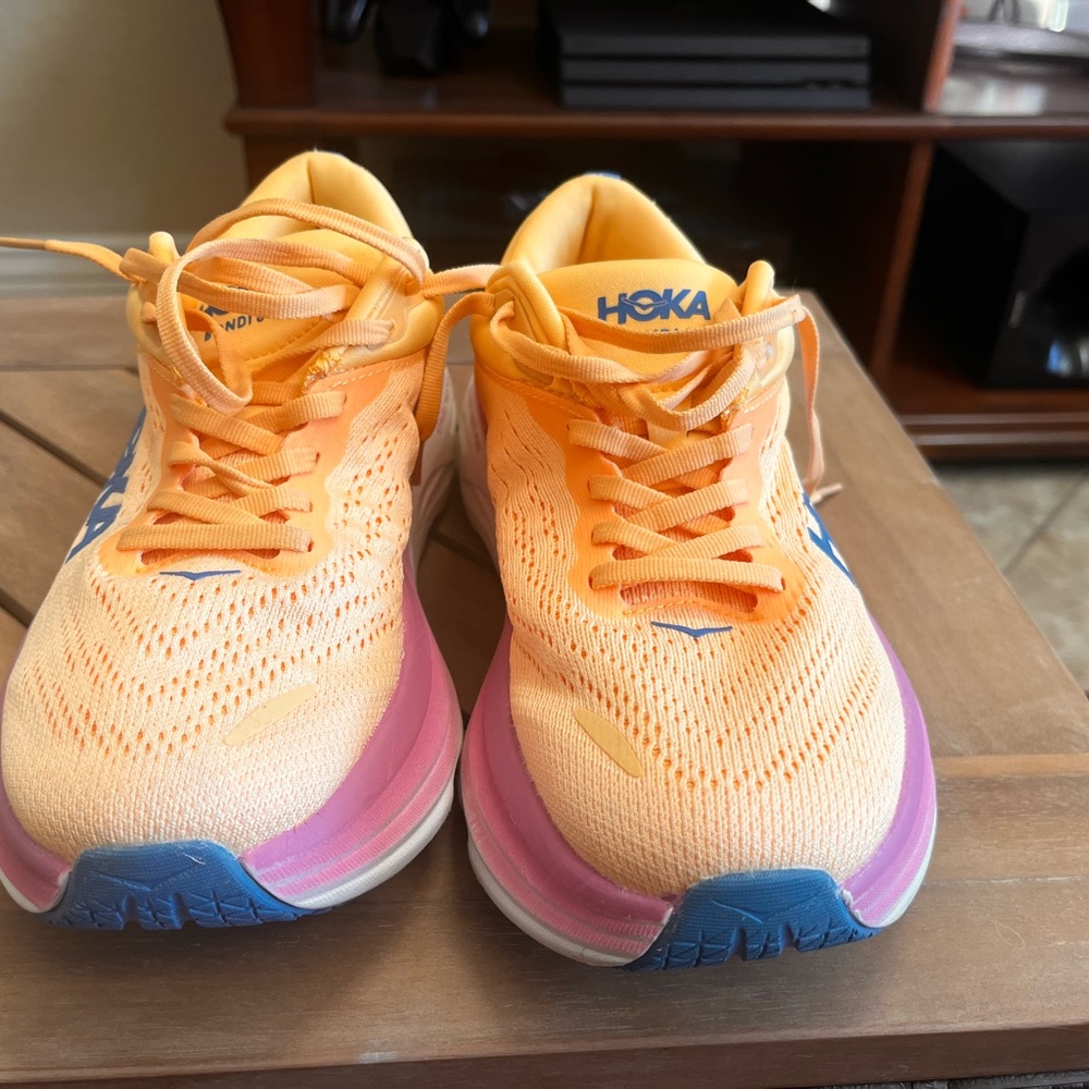 7.5 B Bondi 8 HOKA Orange and Pink Running Shoes